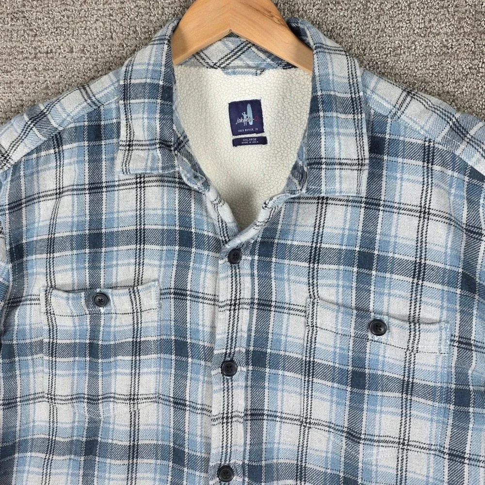 Johnnie-O Mens XXL Chad Shirt Jacket Blue‎ White Plaid Sherpa Lined Flannel